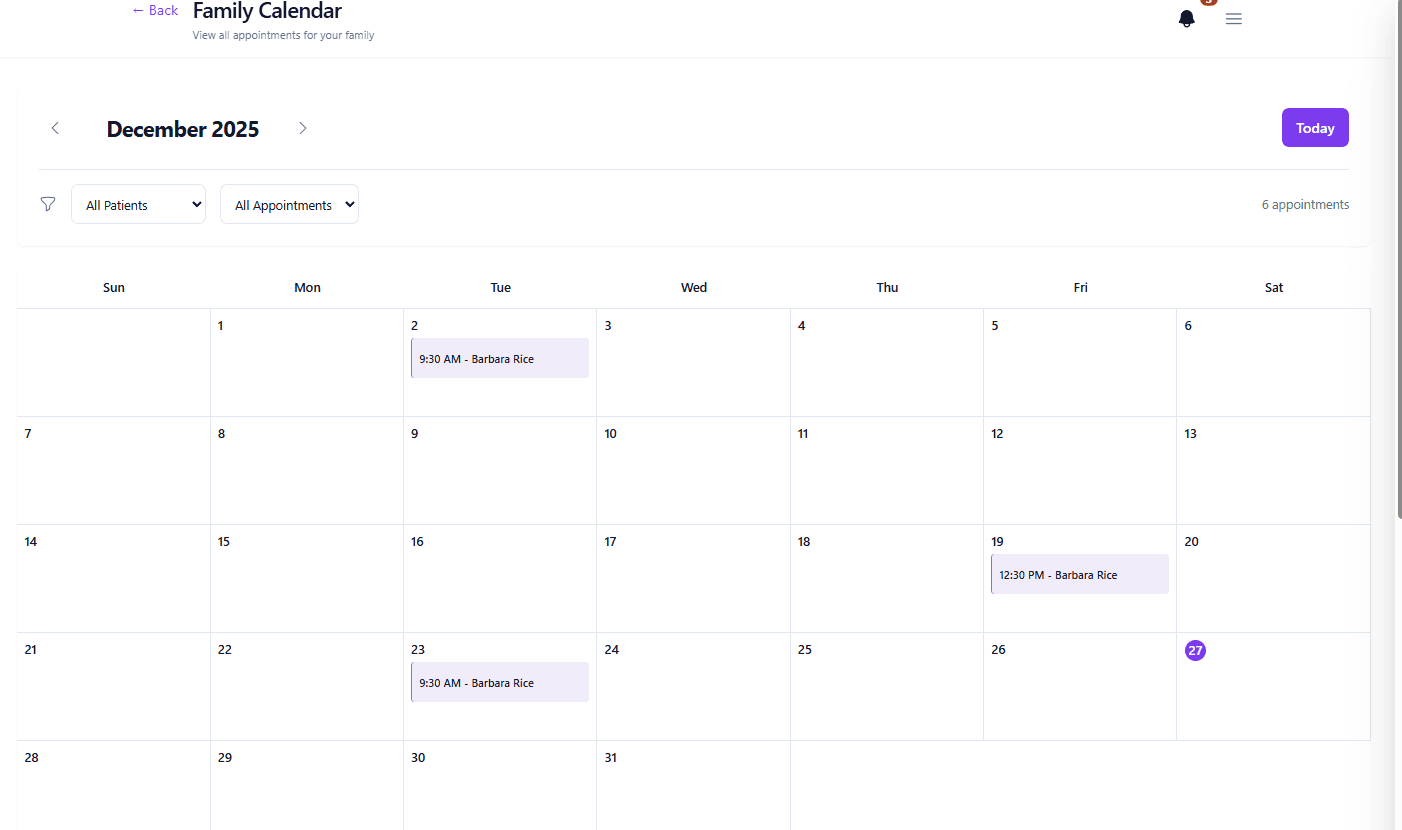 Family Calendar for December 2025 showing 6 appointments with filter options for All Patients and All Appointments. Calendar displays appointments on Dec 2 (9:30 AM - Barbara Rice), Dec 20 (12:30 PM - Barbara Rice), and Dec 23 (9:30 AM - Barbara Rice) with Today button and month navigation