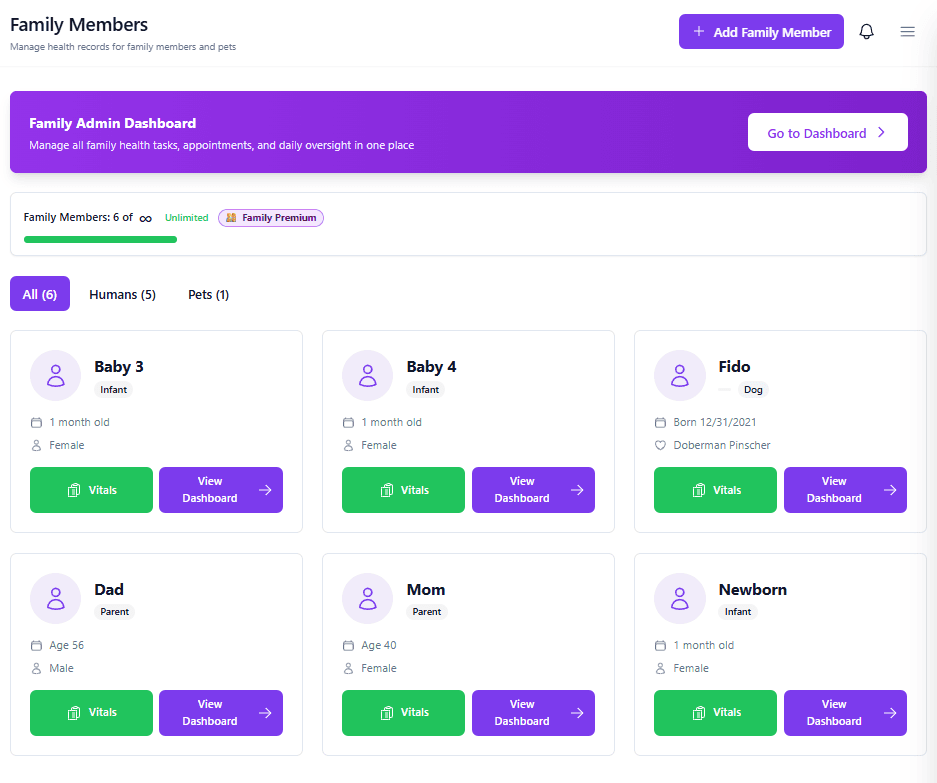 Family health app roster showing six profiles across multiple generations — parents, babies, a newborn, and the family dog — each with one-tap access to vitals and their own dashboard