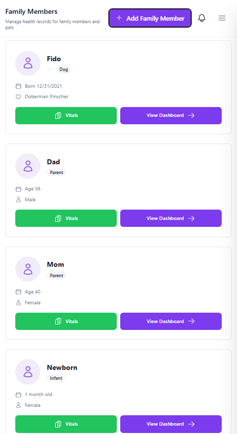 Family Members list on mobile, scrolled to show individual profile cards — Fido (Dog, Doberman Pinscher, born 12/31/2021), Dad (Parent, age 56, Male), Mom (Parent, age 40, Female), and Newborn (Infant, one month old, Female) — each with Vitals and View Dashboard buttons