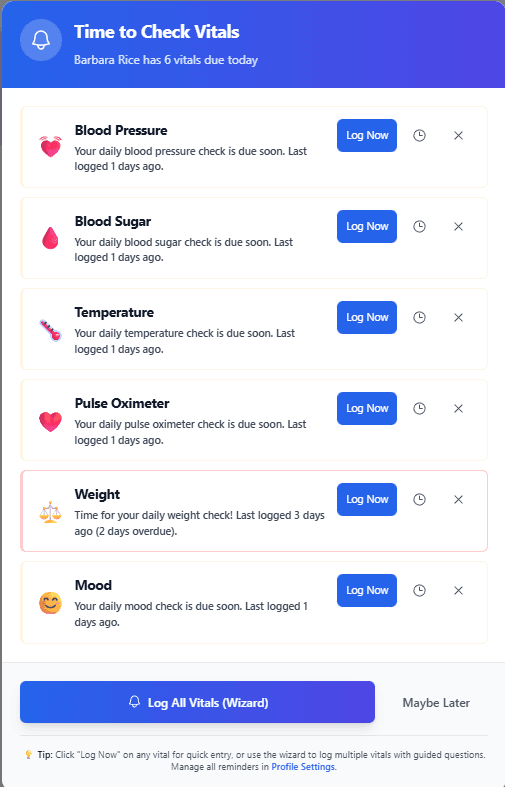 Time to Check Vitals popup for Barbara Rice showing 6 vitals due today: Blood Pressure, Blood Sugar, Temperature, Pulse Oximeter, Weight, and Mood. Each vital shows when it was last logged with Log Now buttons, snooze and dismiss options, and a Log All Vitals wizard button.